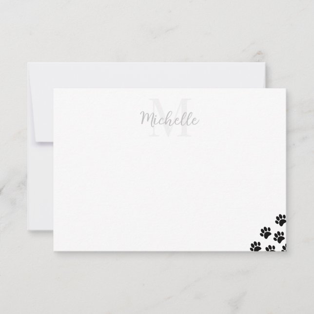 Black Pet Paw Prints Custom Monogram Simple  Mitteilungskarte (Vorderseite)