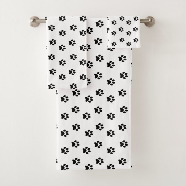 Black Pet Paws Pattern on White Badhandtuch Set (Insitu)