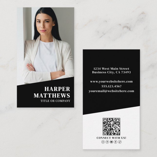 Black Photo QR Code Vertical Visitenkarte (Vorne/Hinten)