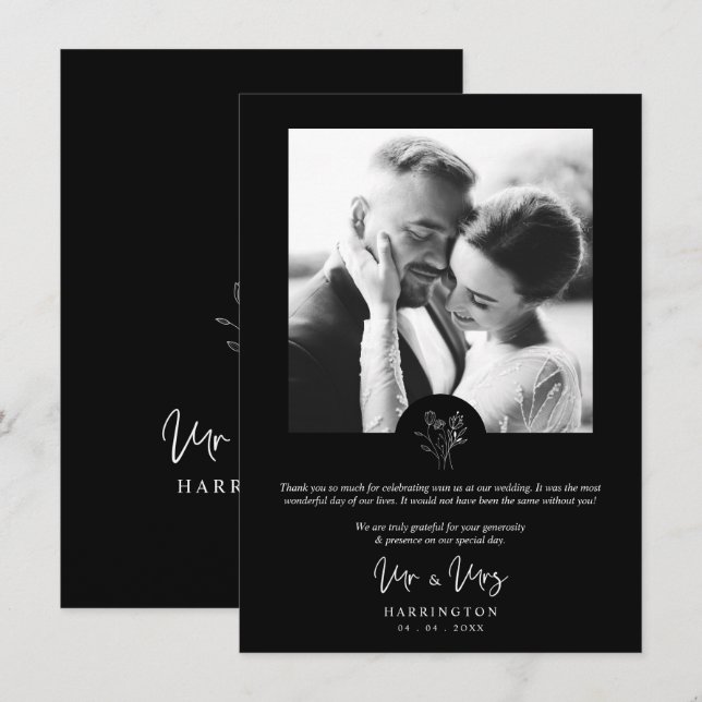 Black Photo Typography MR & MRS Wedding Bouquet  Dankeskarte (Vorne/Hinten)