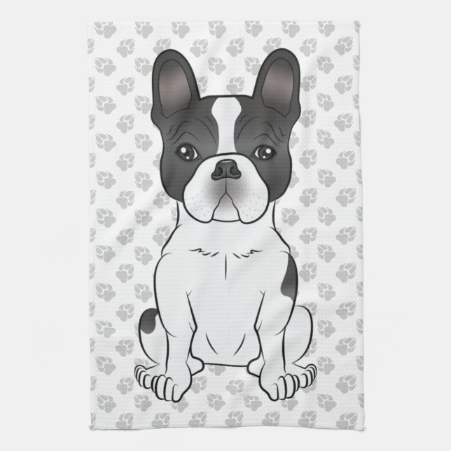 Black Piebald French Bulldog / Frenchie Dog & Paws Geschirrtuch (Vertikal)