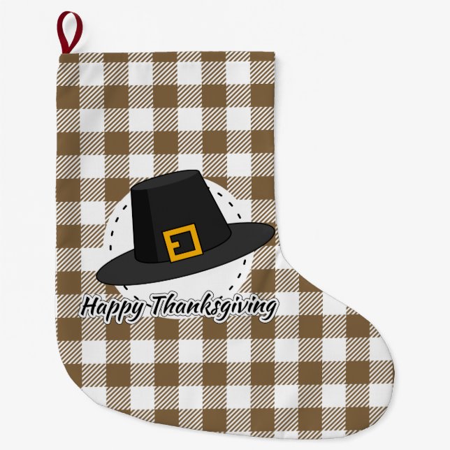 Black Pilgrim Hat auf Brown Kariert - Erntedank Großer Weihnachtsstrumpf (Vorderseite)