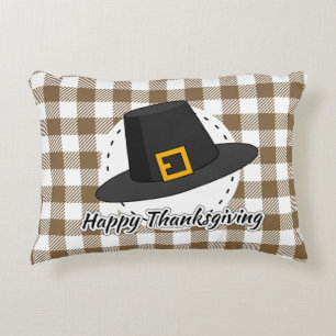 Black Pilgrim Hat on Brown Plaid - Thanksgiving Dekokissen