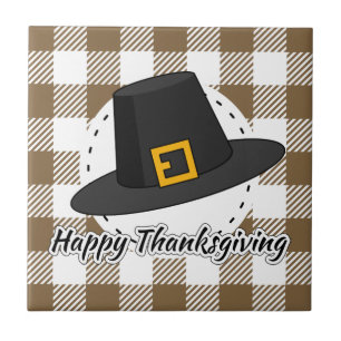 Black Pilgrim Hat on Brown Plaid - Thanksgiving Fliese