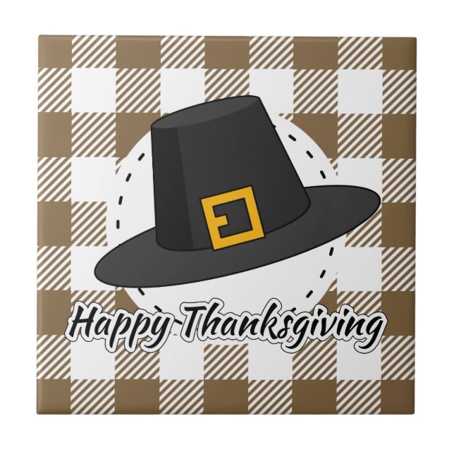 Black Pilgrim Hat on Brown Plaid - Thanksgiving Fliese (Vorderseite)