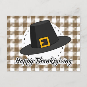 Black Pilgrim Hat on Brown Plaid - Thanksgiving Postkarte