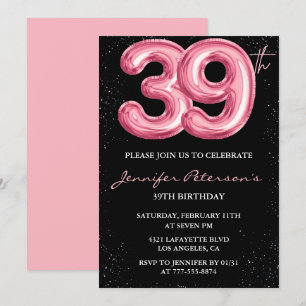 Black Pink 39. Geburtstagseinladungen Balloon Glam Einladung
