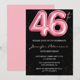 Black Pink 46. Geburtstag Einladungen Balloon Glam