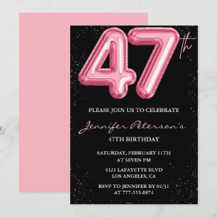 Black Pink 47. Geburtstag Einladungen Balloon Glam