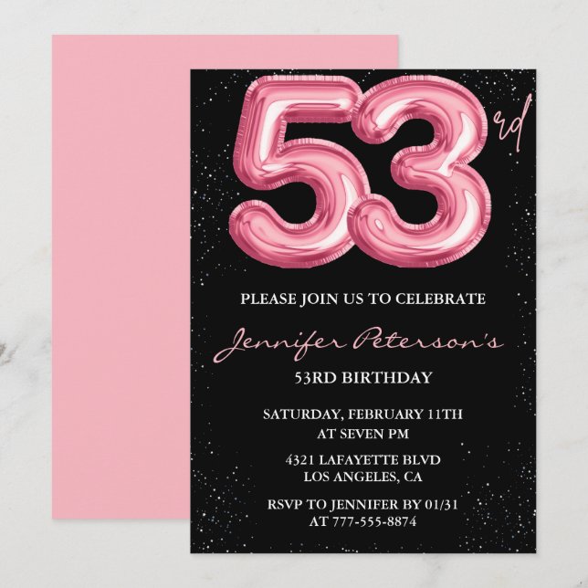 Black Pink 53e anniversaire invitations Balloon Gl (Devant / Derrière)