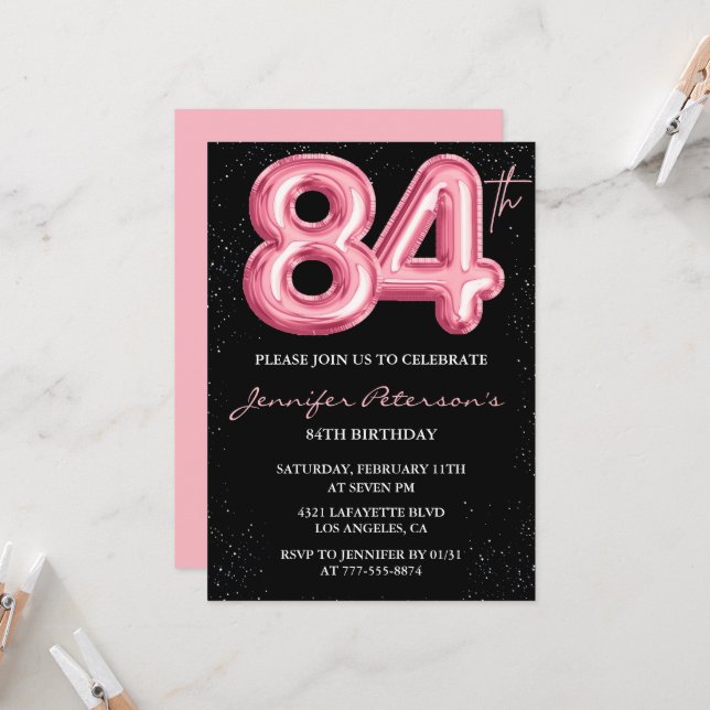 Black Pink 84. Geburtstag Einladungen Balloon Glam (Vorderseite/Rückseite Beispiel)