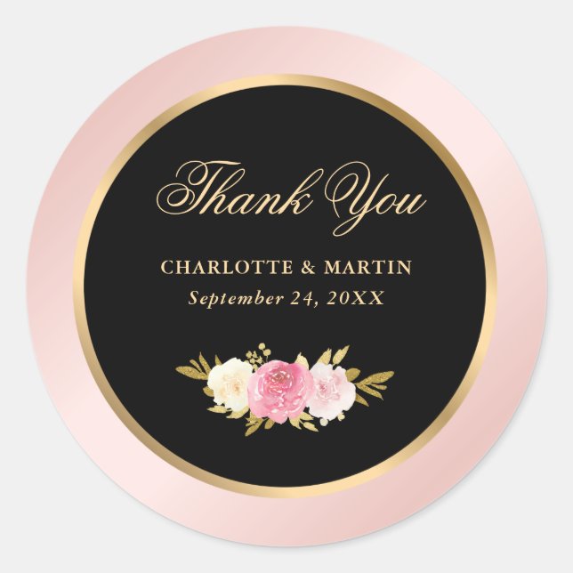 Black Pink Aquarell Floral Vielen Dank Runder Aufkleber (Vorderseite)