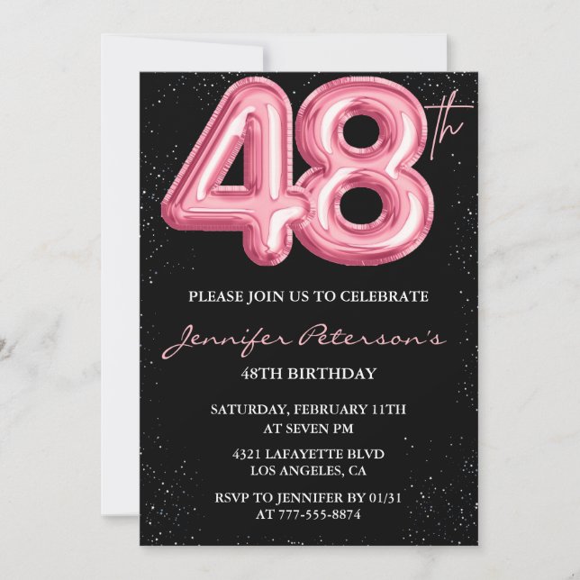 Black Pink Balloon Glam Glitzer 48. Geburtstag Einladung (Vorderseite)