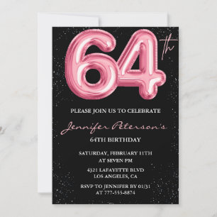 Black Pink Balloon Glam Glitzer 64. Geburtstag Einladung