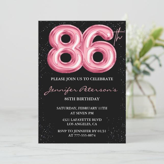 Black Pink Balloon Glam Glitzer 86. Geburtstag Einladung (Stehend Vorderseite)
