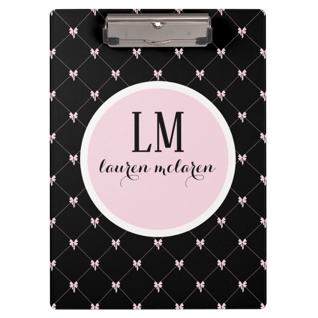 Black & Pink Bow Monogram Klemmbrett (Vorderseite)
