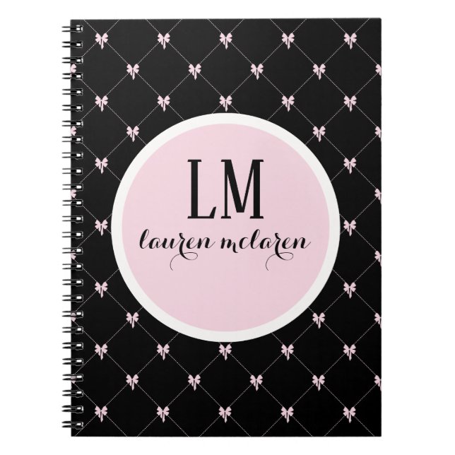 Black & Pink Bow Monogram Notizblock (Vorderseite)