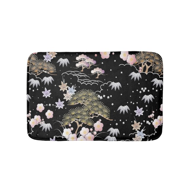 Black Pink Cherry Blossom Elegantes Blumenmuster Badematte (Vorderseite)
