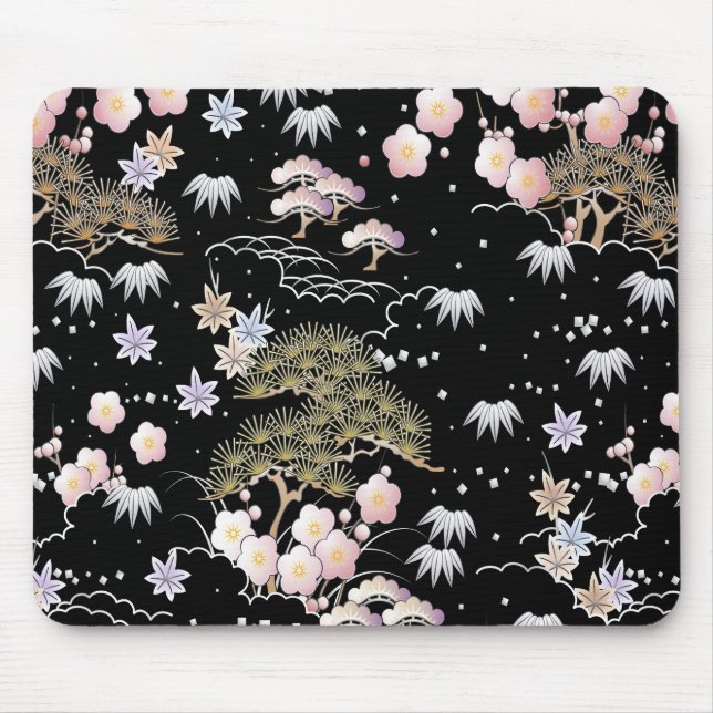Black Pink Cherry Blossom Elegantes Blumenmuster Mousepad (Vorne)
