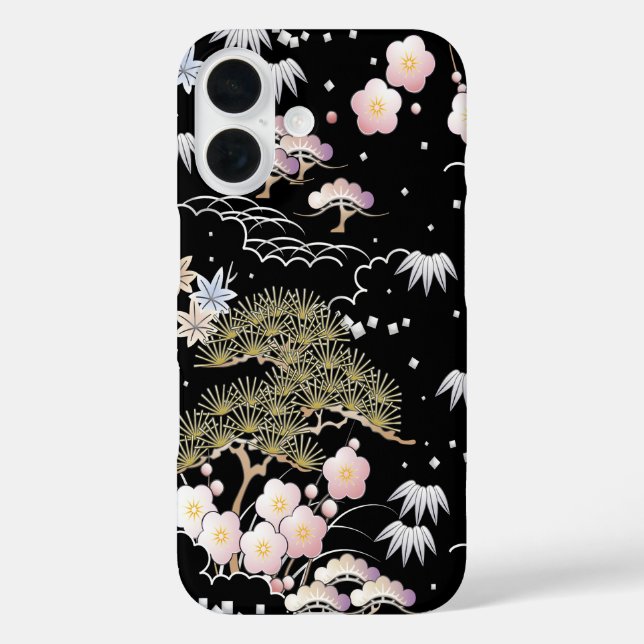 Black Pink Cherry Blossom Elegantes Flora iPhone 16 Hülle (Rückseite)