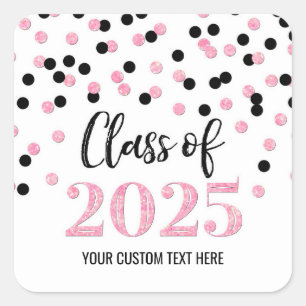Black Pink Confetti Abschluss 2025 Quadratischer Aufkleber