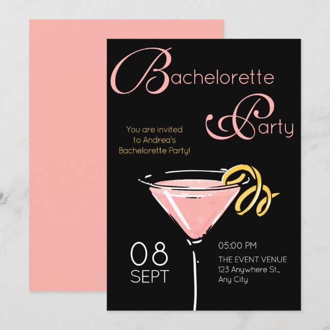 Black pink fancy cocktail bachelorette einladung (Vorne/Hinten)