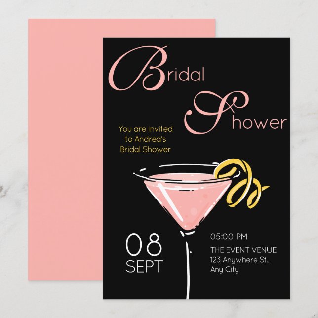 Black pink fancy cocktail bridal shower einladung (Vorne/Hinten)