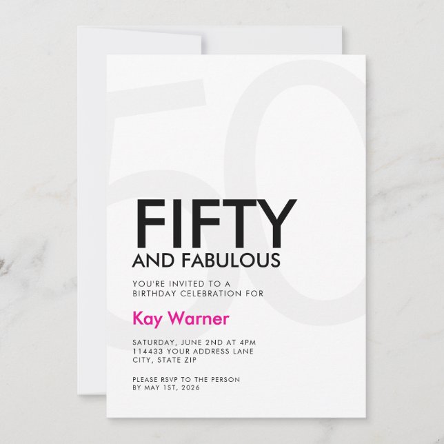 Black Pink Fifty and Fabulous 50th Birthday Einladung (Vorderseite)