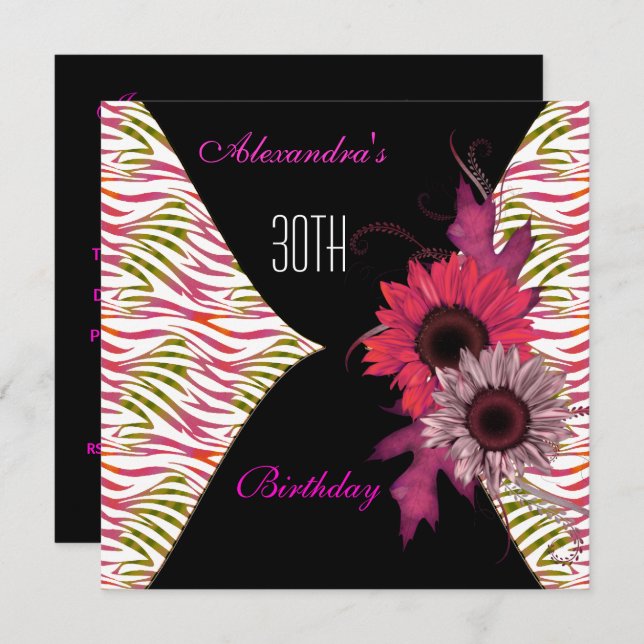Black Pink Floral 30e Anniversaire Invitation (Devant / Derrière)