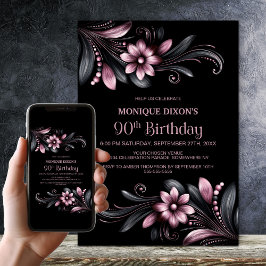 Black Pink Floral 90th Birthday Party Einladung