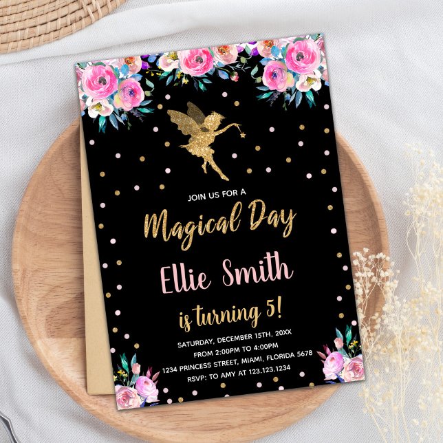Black Pink Floral Fairy Geburtstag Einladungen (Black Pink Floral Fairy Birthday Invitations)