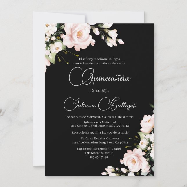 Black Pink Floral Quinceanera Einladung (Vorderseite)