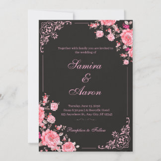 Black & Pink Floral Wedding Invitation Einladung