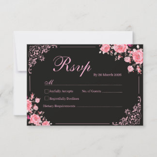 Black & Pink Floral Wedding RSVP Card