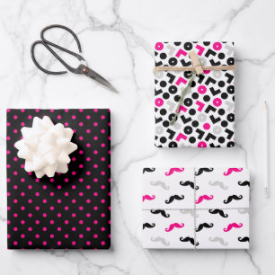Black Pink Geometry Polka Dots Mustache Geschenkpapier Set
