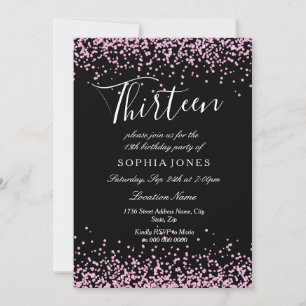Black Pink Glitzer Girls 13. Geburtstagsparty Einladung