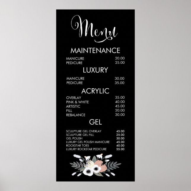 Black & Pink Glitzer Salon Menü Wall Poster (Vorne)