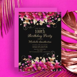Black Pink Gold Floral 100. Geburtstagsparty Einladung