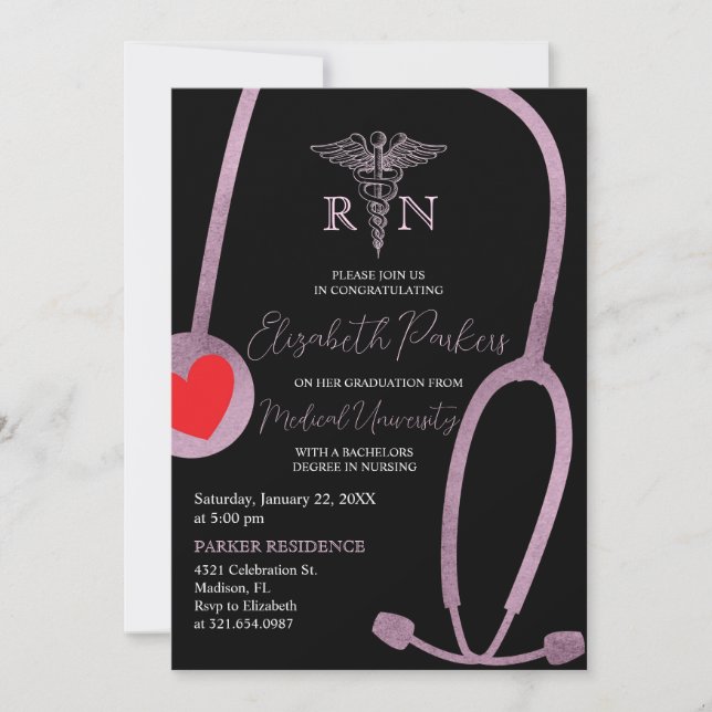 Black Pink Gold Moderne Nursing Graduation Party Einladung (Vorderseite)