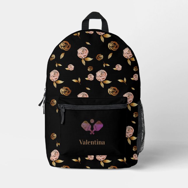 Black Pink Gold Rose Muster Modernes Pickleball Bedruckter Rucksack (Vorderseite)