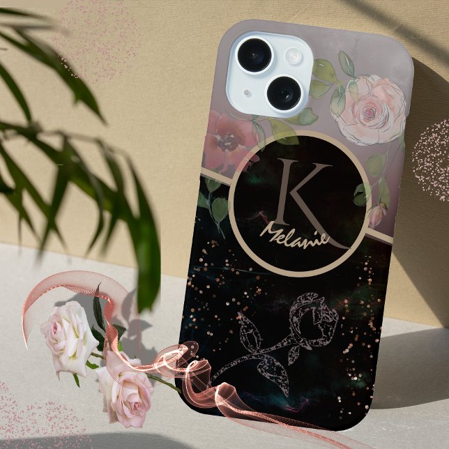 Black Pink Grey Floral Monogram Phone Case iPhone 15 Hülle (Black Pink Grey Floral Monogram Phone Case)