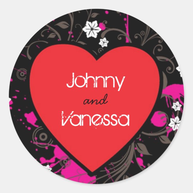 Black & Pink Grungy Heart Music Themed Wedding Runder Aufkleber (Vorderseite)