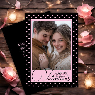 Black & Pink Hearts Happy Valentine's Custom Foto Feiertagskarte
