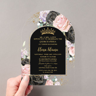 Black Pink Lila Floral Gold Quinceanera Sweet 16 Acryleinladungen