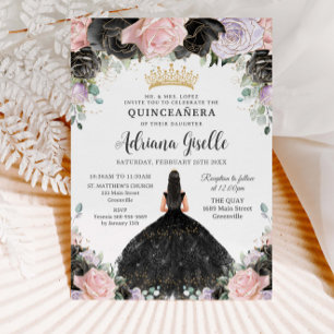 Black Pink Lila Floral Gold Quinceanera Sweet 16 Einladung