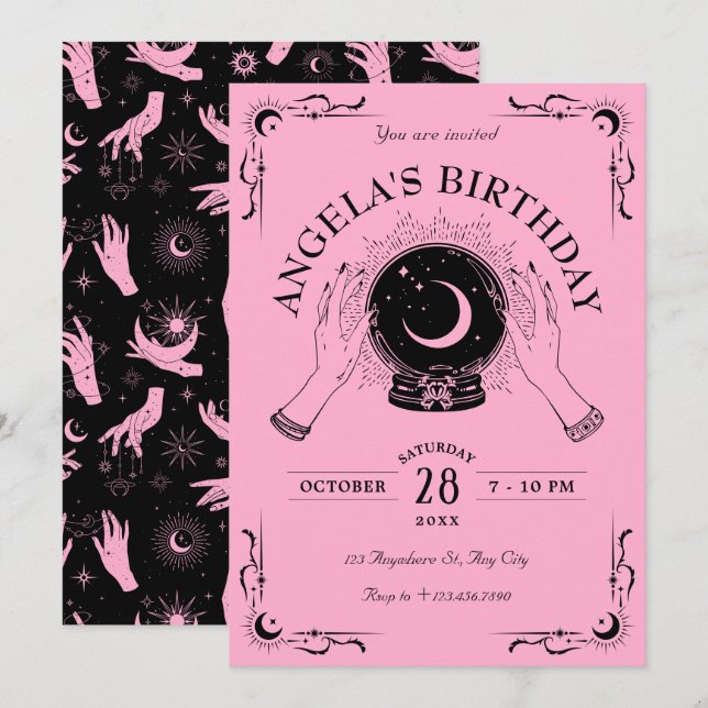 Black Pink Magic Mondkristall Geburtstag Einladung (Vorne/Hinten)