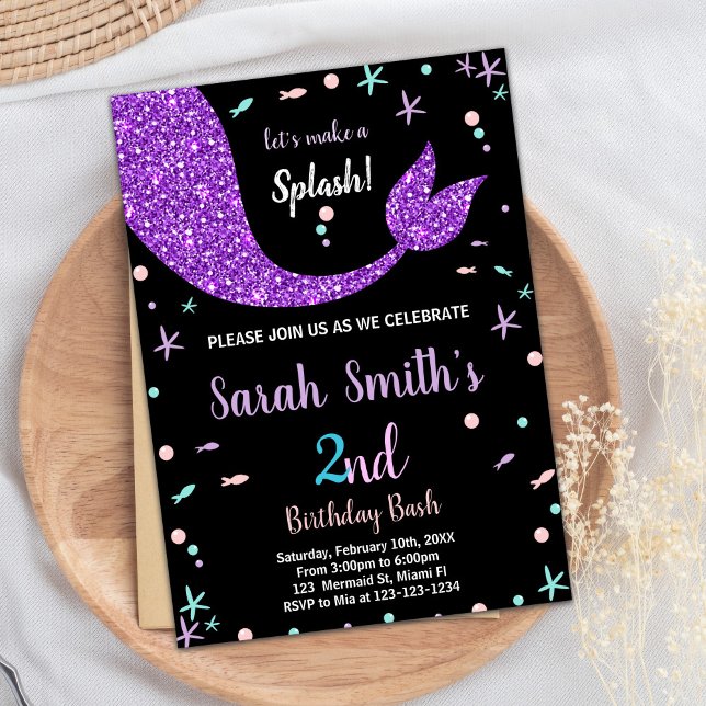 Black Pink Mermaid Schwanz Geburtstag Einladungen (Black Pink Mermaid Tail Birthday Invitations)