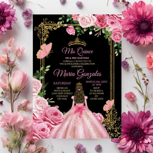 Black Pink Mis Quince 15 Anos Butterfly Goldkrone Einladung (Von Creator hochgeladen)