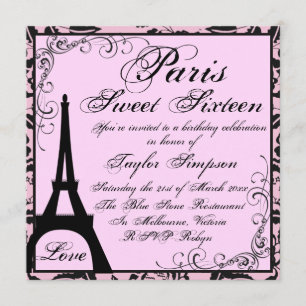 Black & Pink Paris Sweet16 Invitation d'anniversai
