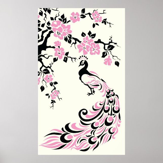 Black pink peacock and cherry blossoms poster (Vorne)